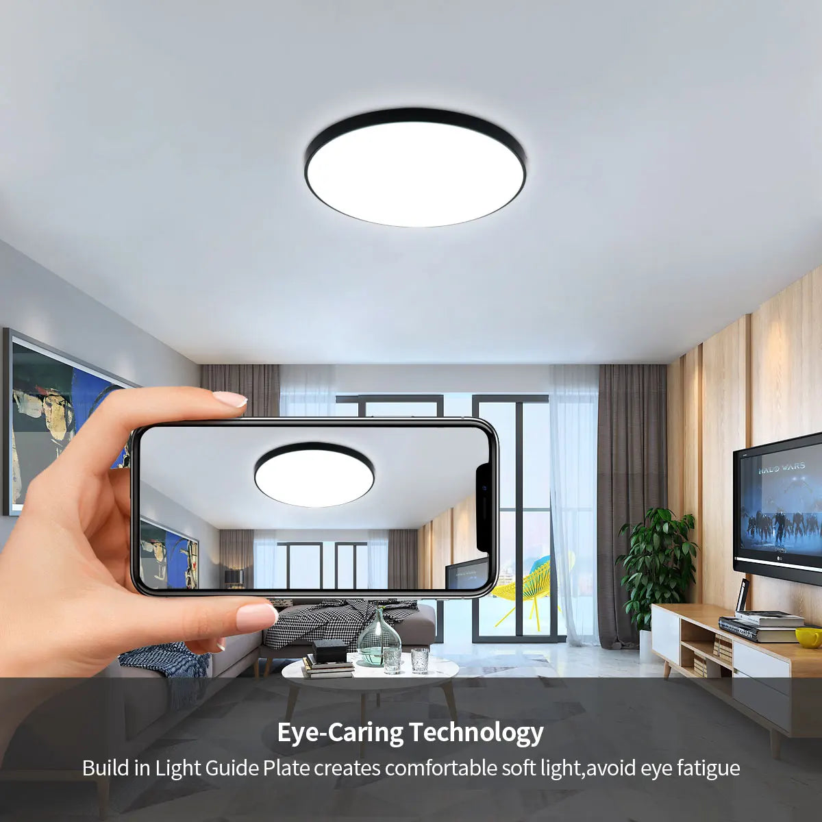24W LED Round Ceiling Light, Waterproof Modern Black Plastic Flush Mount Fixture for Bedroom, Living Room, Kitchen